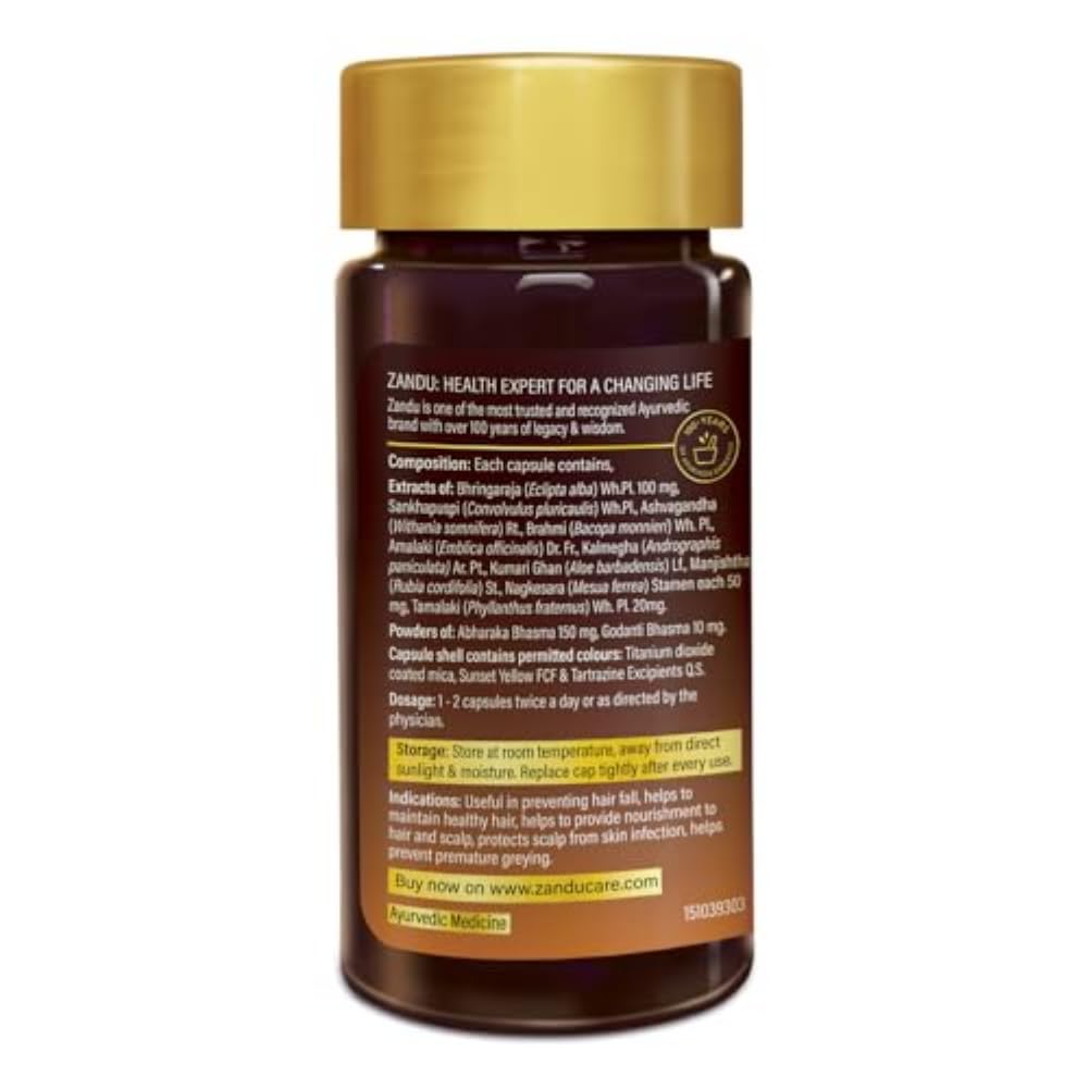 Zandu Hair Growth Ayurvedic Capsule- 60 Caps |Scientifically Proven for Hair Growth | Reduces Hair Fall | DHT Blocker | Strengthens Hair | Bhringraj, Amla & other Herbs |100% Ayurvedic |For Men & Women
