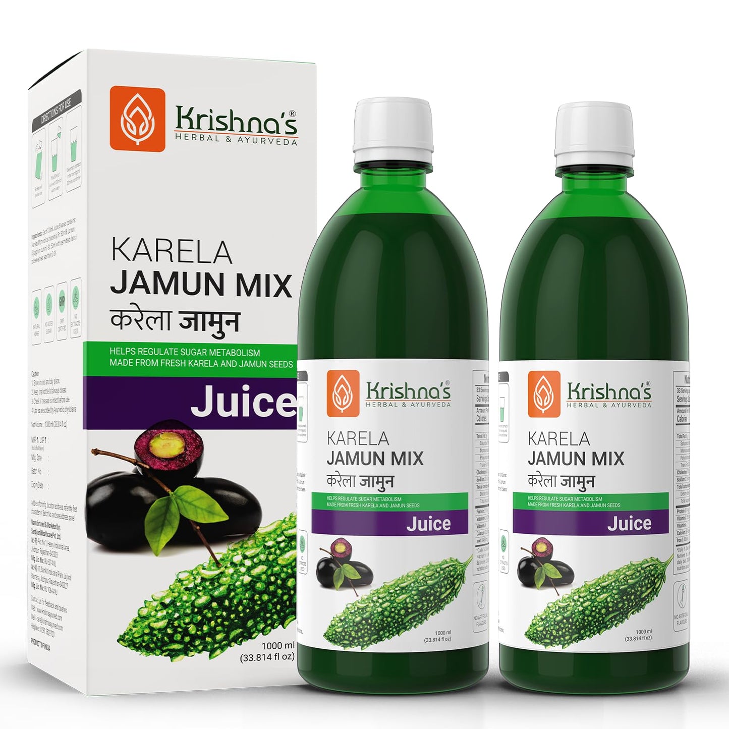 Krishna's Karela Jamun Mix Juice - 1000 ml | Fresh Karela & Jamun Seed | Ayurevedic Formulation to maintain Sugar Level | Enriched with Vitamin C - Vitamin A| Sugar free Juice with No Added Color or Flavour