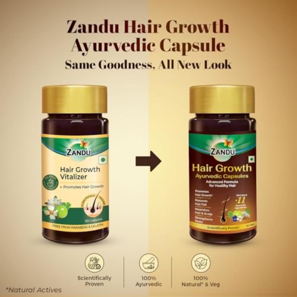 Zandu Hair Growth Ayurvedic Capsule- 60 Caps |Scientifically Proven for Hair Growth | Reduces Hair Fall | DHT Blocker | Strengthens Hair | Bhringraj, Amla & other Herbs |100% Ayurvedic |For Men & Women