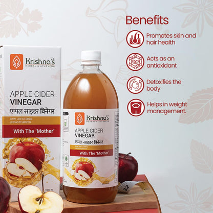 Krishna's Apple Cider Vinegar With Raw Unfiltered ACV With Mother, Unpasteurized for Active Lifestyle - 1000 ml (Pack of 1)