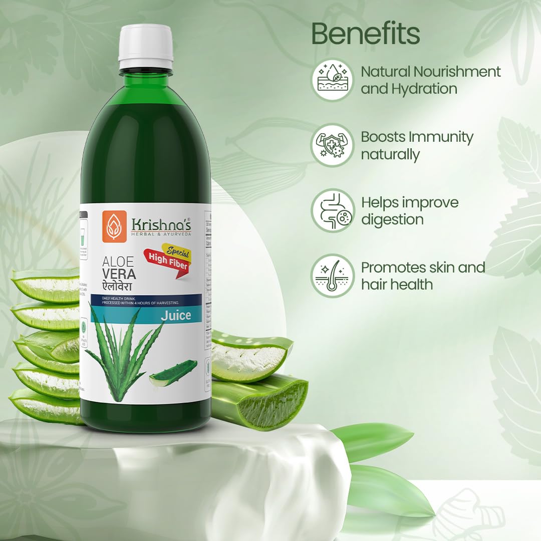 Krishna's Special Aloe Vera High Fiber Juice - 1 l (Pack of 1) | From Deserts of Rajasthan | Sugar free | Daily Drink | Rejuvenates Skin and Hair