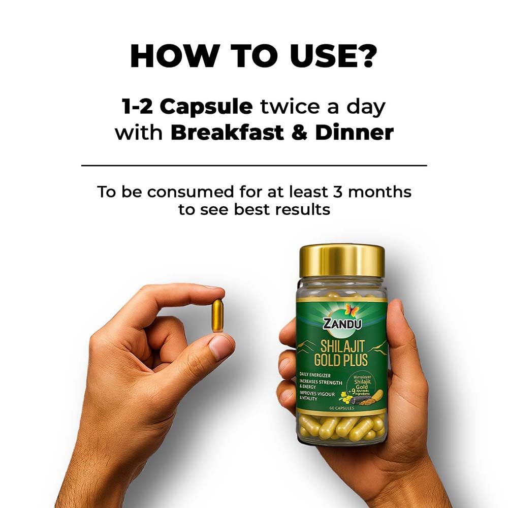 Zandu Shilajit/Shilajeet Gold Plus Capsules IBoosts Stamina, Strength & Energy in 28 Days | 60 Capsules I 100% Pure Himalayan Shilajit with 24K Gold Bhasma