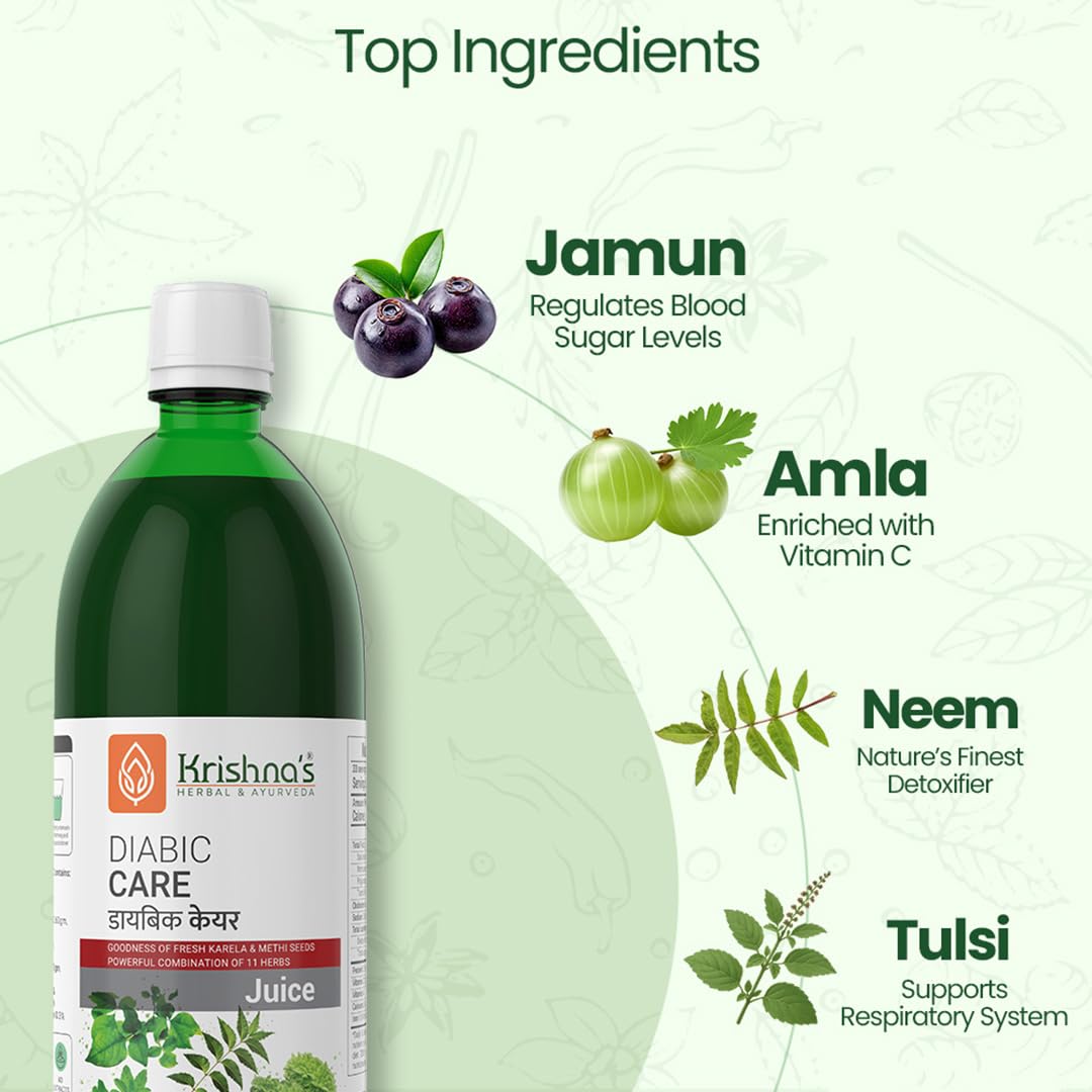 Krishna's Diabic Care Juice - 1000 ml | Blend of 11 herbs Methi, Amla, Karela, Jamun, Kutki, Guduchi & 5 other herbs to manage sugar levels | Made in India, Clinically Proven