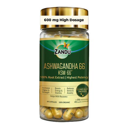 Zandu Ashwagandha KSM-66 (600 mg high dose formula) Tablets | Clinically Proven for 72% Decrease in stress and anxiety levels I Boosts Energy & Strength | 60 tablets I 100% Pure Root Extract
