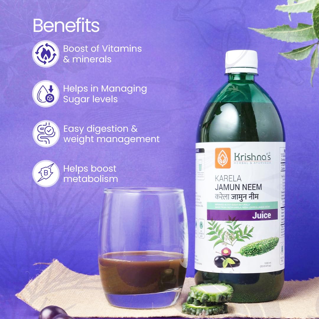 KRISHNA'S HERBAL & AYURVEDA Krishna'S Karela Jamun Neem Juice-1000 Ml Blend Of Fresh Karela, Neem Juice & Jamun Seeds Ayurvedic Solution For Balancing Sugar Levels, Pack Of 1