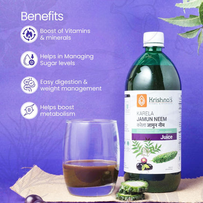 KRISHNA'S HERBAL & AYURVEDA Krishna'S Karela Jamun Neem Juice-1000 Ml Blend Of Fresh Karela, Neem Juice & Jamun Seeds Ayurvedic Solution For Balancing Sugar Levels, Pack Of 1