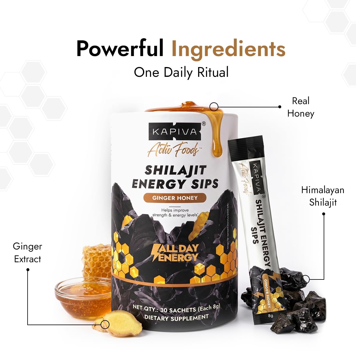 Kapiva Shilajit Energy Sips | With 100% Pure Shilajit/Shilajeet | 250mg Shilajit/Stick | Boosts Energy & Stamina | 30 Sachets | Ginger Honey Flavour (30 N)