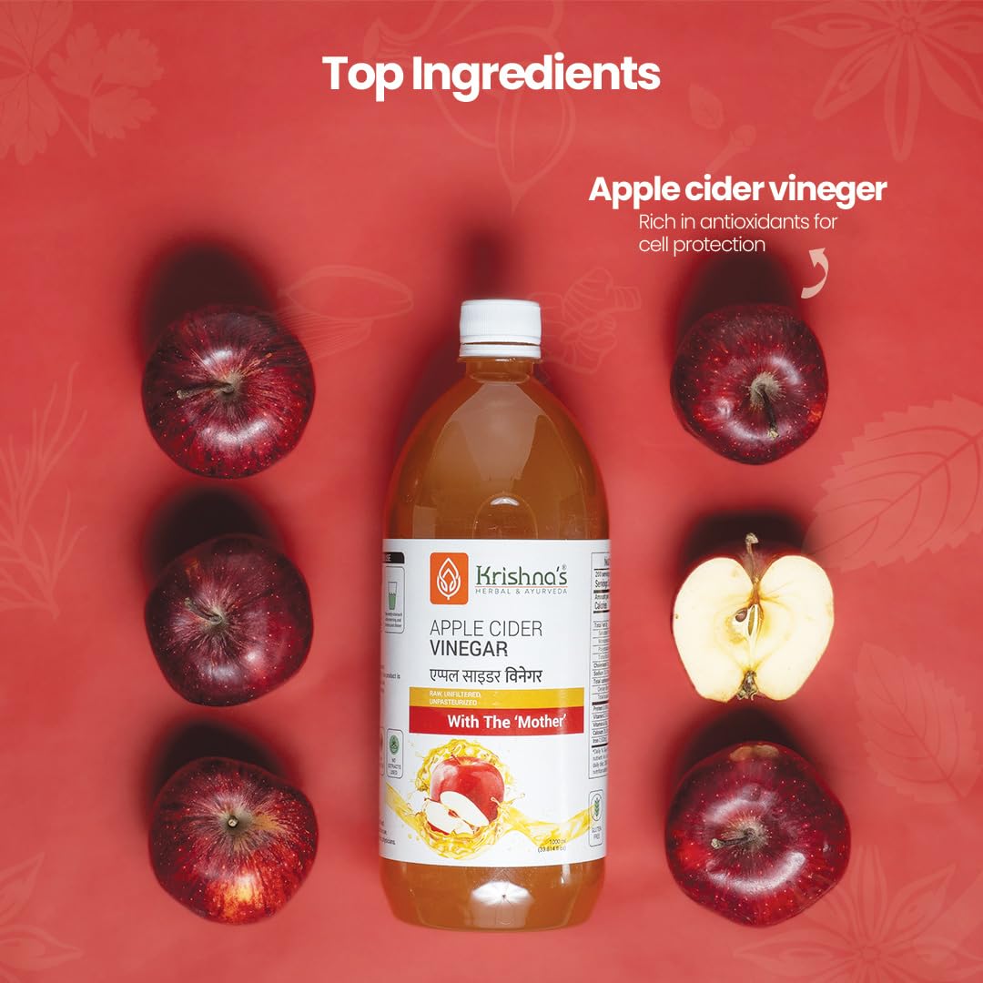 Krishna's Apple Cider Vinegar With Raw Unfiltered ACV With Mother, Unpasteurized for Active Lifestyle - 1000 ml (Pack of 1)
