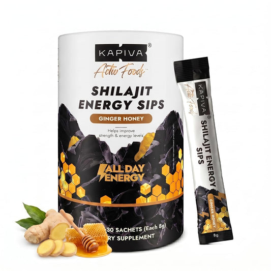 Kapiva Shilajit Energy Sips | With 100% Pure Shilajit/Shilajeet | 250mg Shilajit/Stick | Boosts Energy & Stamina | 30 Sachets | Ginger Honey Flavour (30 N)