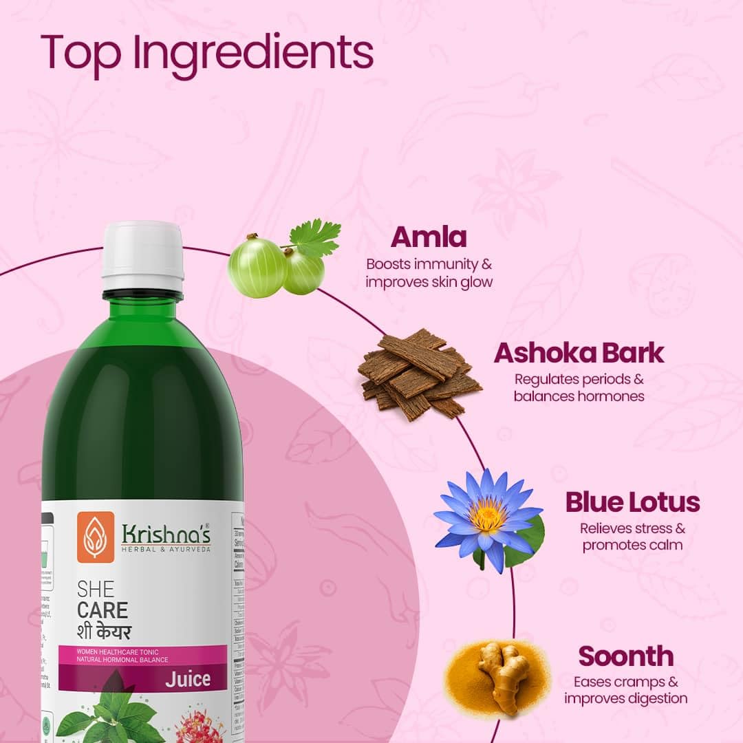 KRISHNA'S HERBAL & AYURVEDA Women's She Care Juice Infused With 5 Herbs for Hormonal Balance, Period Pain Relief, Hair & Skin Health, Clinically Proven - 1000 ml (Pack of 1)