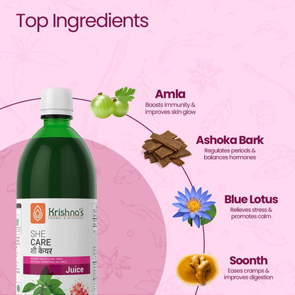 KRISHNA'S HERBAL & AYURVEDA Women's She Care Juice Infused With 5 Herbs for Hormonal Balance, Period Pain Relief, Hair & Skin Health, Clinically Proven - 1000 ml (Pack of 1)