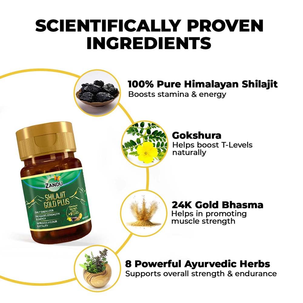 Zandu Shilajit/Shilajeet Gold Plus Capsules IBoosts Stamina, Strength & Energy in 28 Days | 20 Capsules I 100% Pure Himalayan Shilajit