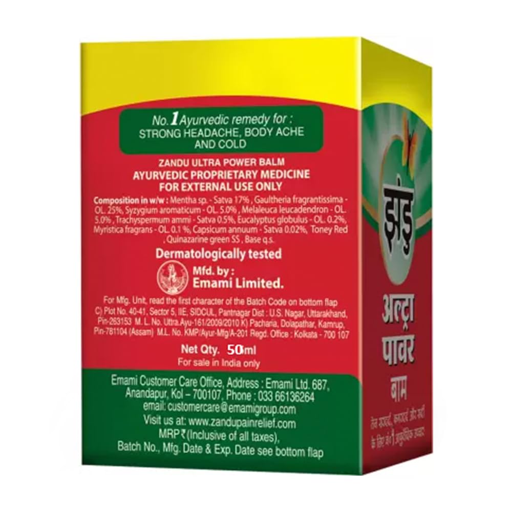 Zandu Ultra Power Balm | For Pain Relief from Strong Headache, Bodyaches & Cold | Bone, Joint & Muscle Care | 50 ML