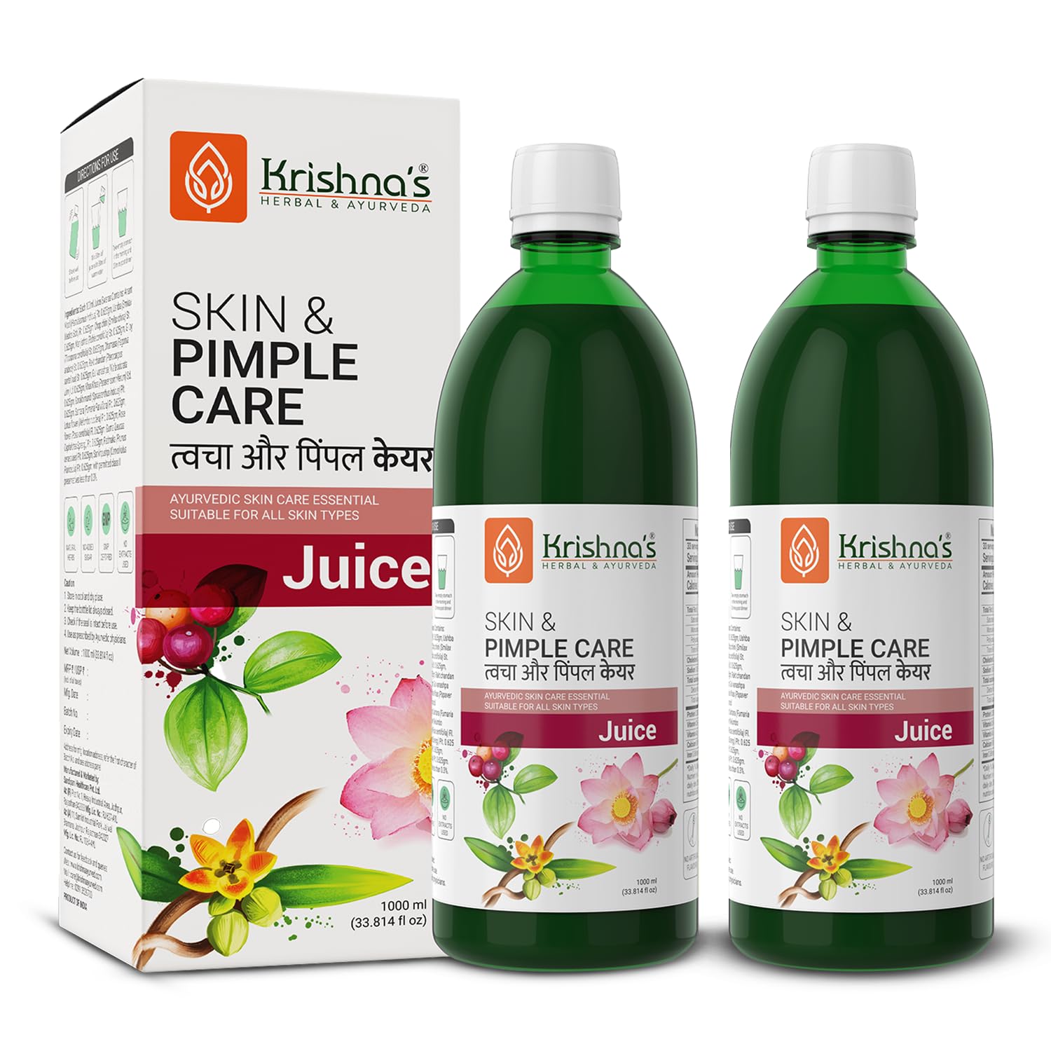 KRISHNA'S HERBAL & AYURVEDA Skin & Pimple Care Juice - 1000 Ml | Ayurvedic Skin Care Expert With Manjisth, Rose, Sankhpushpi & 13 Other Herbs | Helps In Reducing Acne, Pimples & Dark Spot