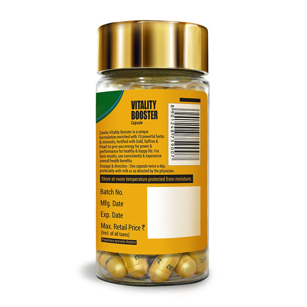Zandu Vitality Booster Capsule, With Goodness of Ashwagandha, Safed Musli, Gokshur, Shuddha Shjilajit, Helps to Boost Energy and Strength - Pack of 60 Veg Capsules