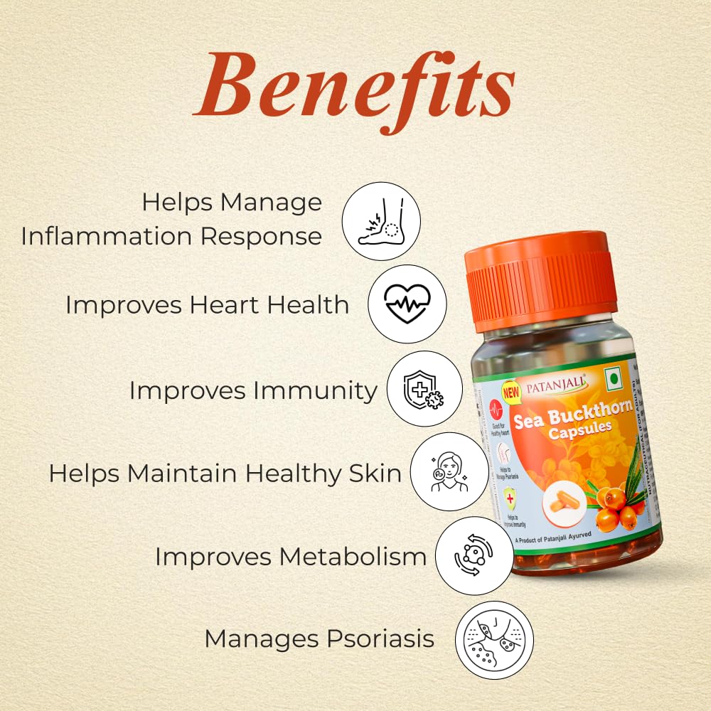 Patanjali Sea Buckthorn Capsules | Natural Supplement for Heart Health, Immunity & Skin Care | Source of Omega 3 6 7 & 9 | Pack of 1
