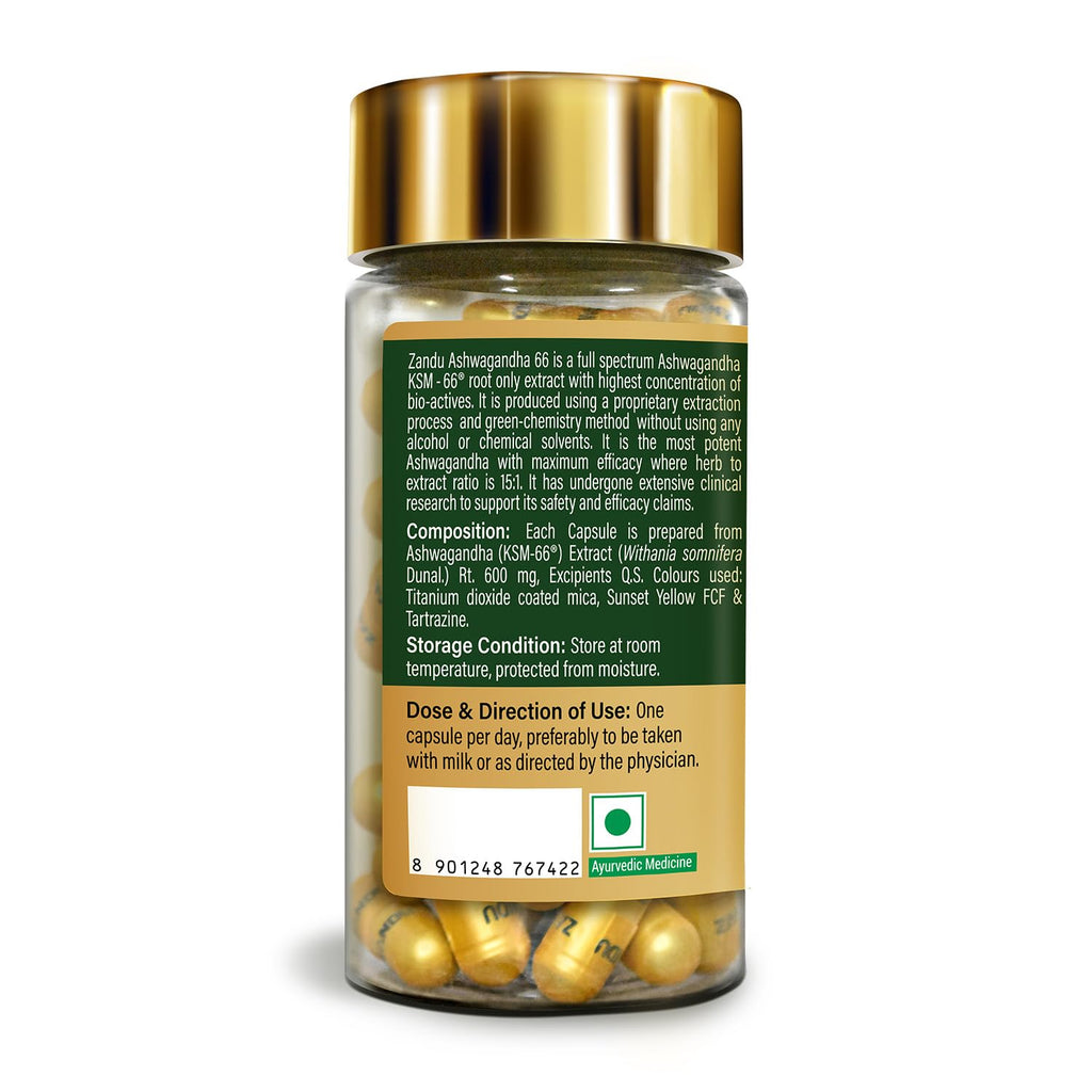Zandu Ashwagandha KSM-66 (600 mg high dose formula) Tablets | Clinically Proven for 72% Decrease in stress and anxiety levels I Boosts Energy & Strength | 60 tablets I 100% Pure Root Extract
