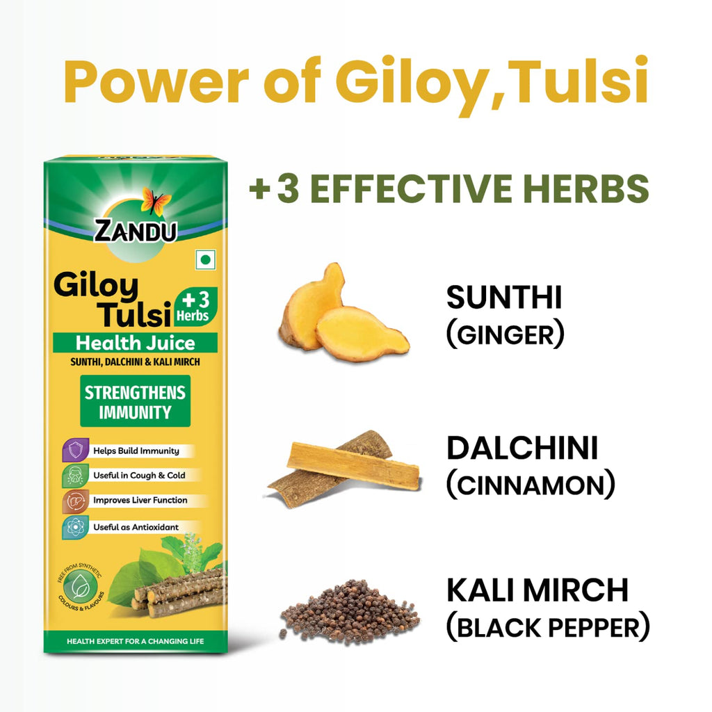 Zandu Giloy Tulsi Health Juice with 3 added Herbs, 1 L, Pure and Natural, Builds Immunity, Antioxidant, Improves Liver Function