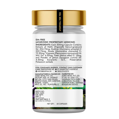 Kapiva Dia Free Capsules | Helps Manage Blood Sugar Levels With Karela, Jamun & Gudmar | 100% Ayurvedic Capsules with Powerful Herbs | 1 Month Pack for Diabetes/Diabetic Care | 60 Capsules/Tablet