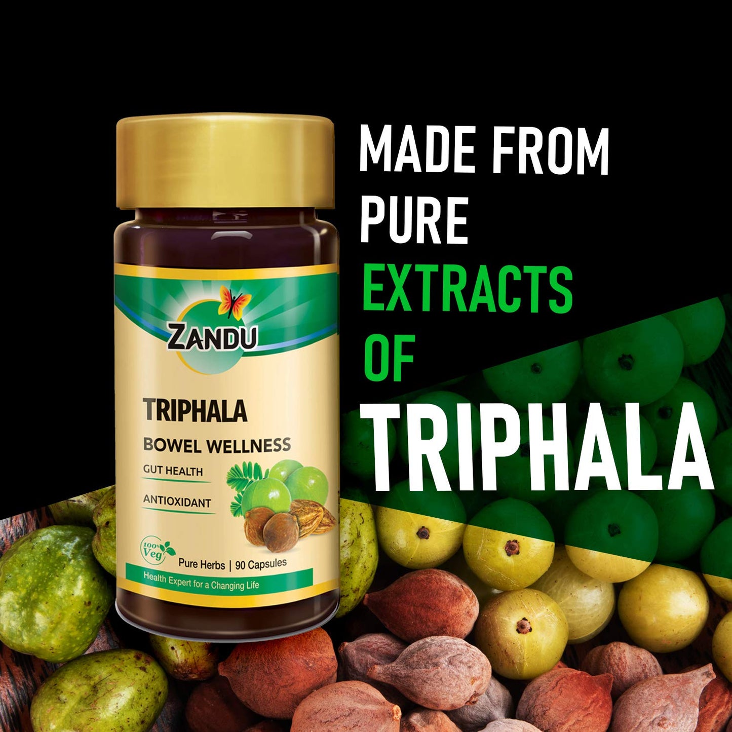 Zandu Triphala Capsules, Supports Bowel Wellness & Healthy Gut, Helps to Boost Immunity & Useful for Digestion, Antioxidant Properties - 90 Veg Capsules