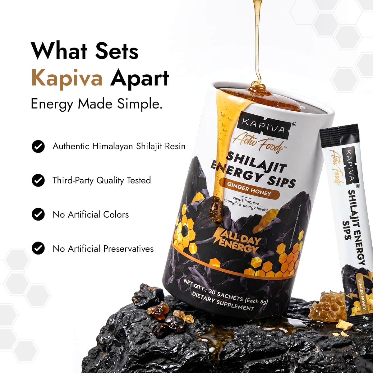 Kapiva Shilajit Energy Sips | With 100% Pure Shilajit/Shilajeet | 250mg Shilajit/Stick | Boosts Energy & Stamina | 30 Sachets | Ginger Honey Flavour (30 N)