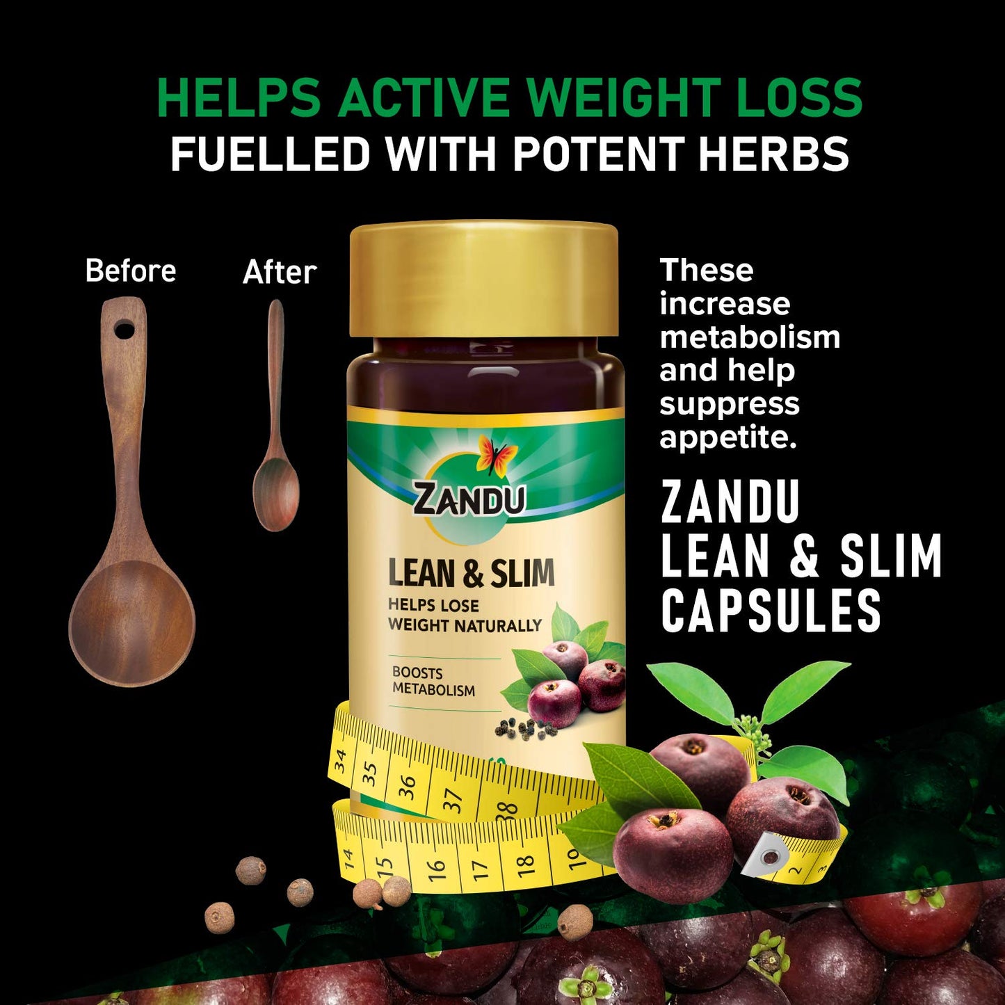 Zandu Lean & Slim | Enriched With The Goodness Of 6 Herbs To Help You In Weight Loss Journey | Acts As A Metabolism Booster & Supports Weight Management, (60 Caps), Pack of 1