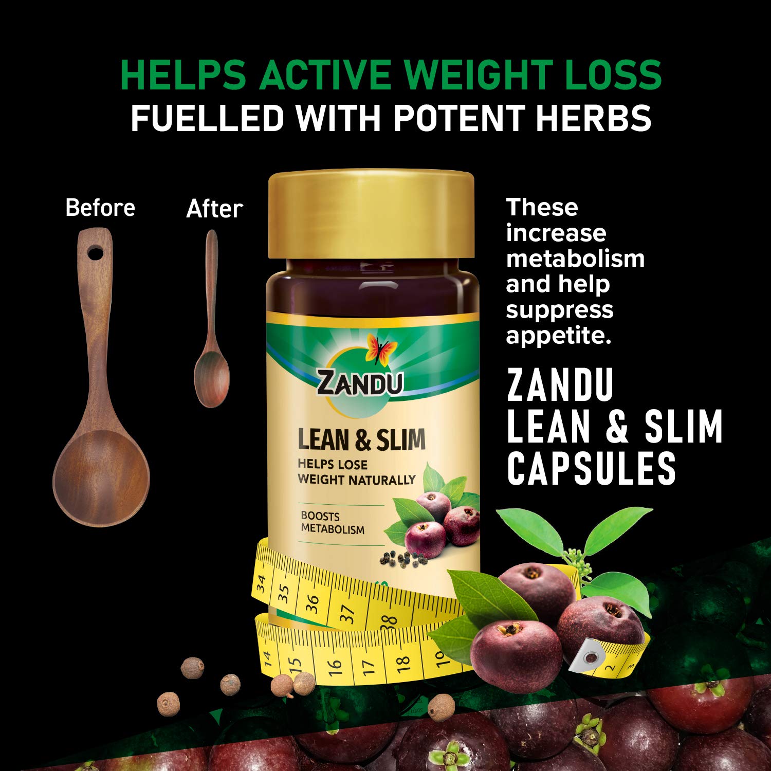 Zandu Lean & Slim | Enriched With The Goodness Of 6 Herbs To Help You In Weight Loss Journey | Acts As A Metabolism Booster & Supports Weight Management, (60 Caps), Pack of 1