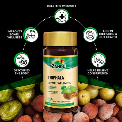 Zandu Triphala Capsules, Supports Bowel Wellness & Healthy Gut, Helps to Boost Immunity & Useful for Digestion, Antioxidant Properties - 90 Veg Capsules