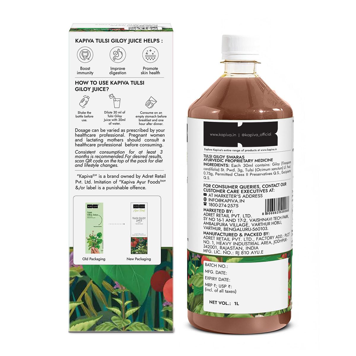 Kapiva Wild Tulsi Giloy Juice 1L | Ayurvedic Juice from Fresh Tulsi & Giloy Plant | Immune & Daily Wellness Support