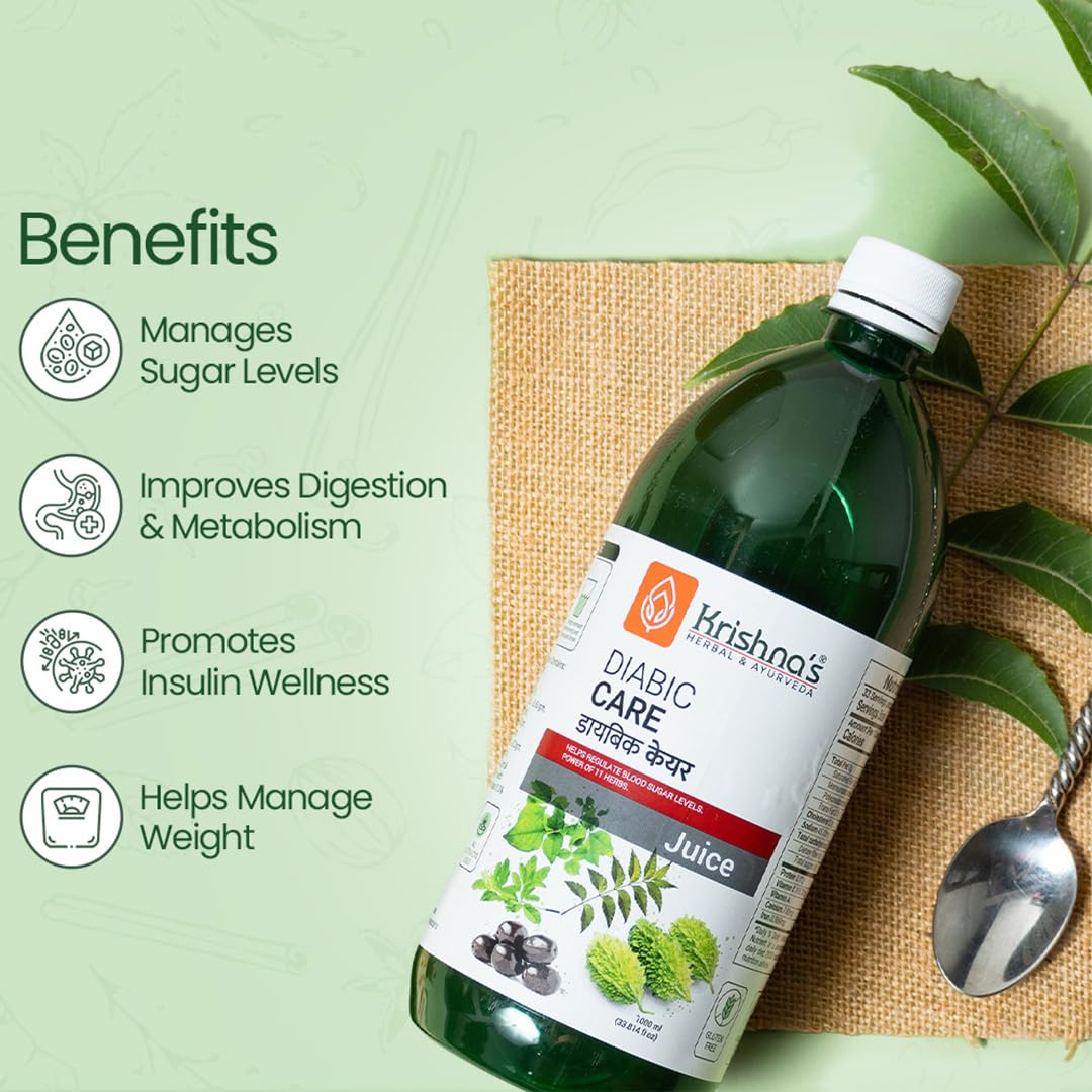 Krishna's Diabic Care Juice - 1000 ml | Blend of 11 herbs Methi, Amla, Karela, Jamun, Kutki, Guduchi & 5 other herbs to manage sugar levels | Made in India, Clinically Proven
