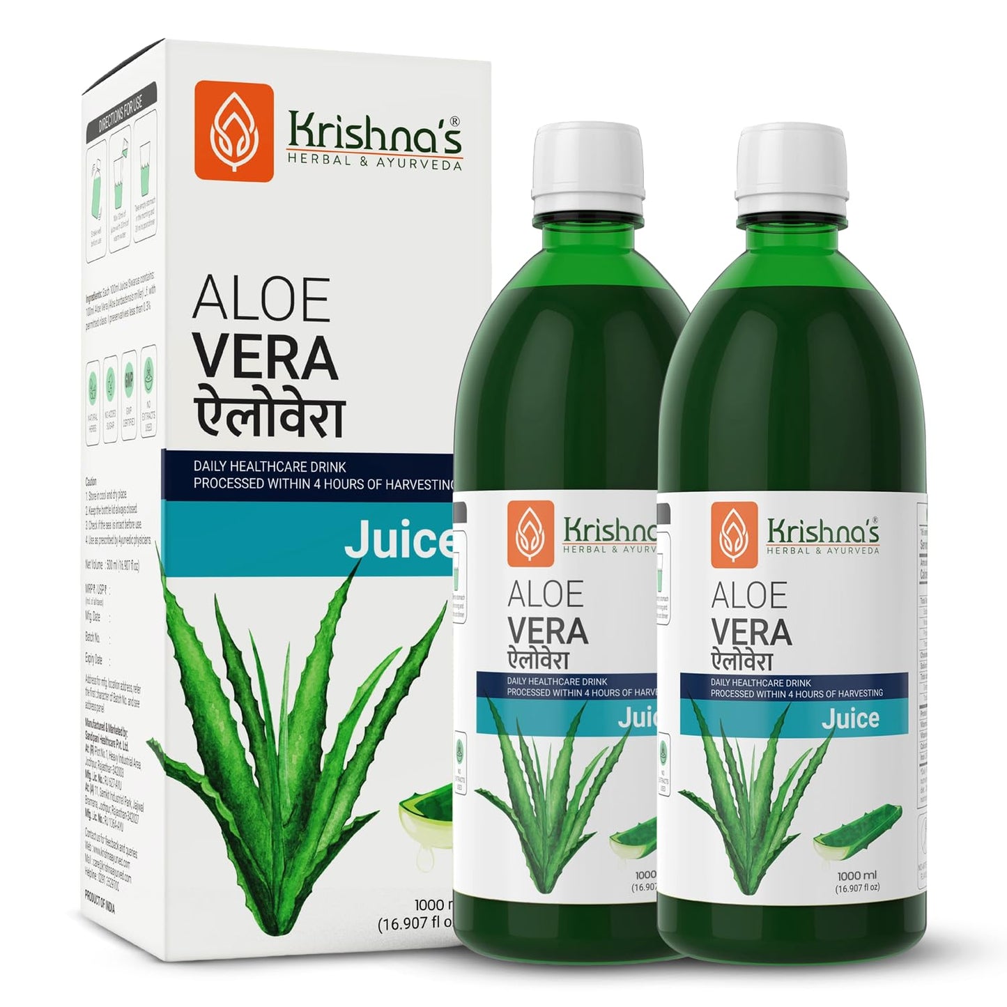 Krishna's Pulpy Aloe Vera Juice - 1000 ml | From Deserts of Rajasthan | Sugar free |Daily Natural Drink | Rejuvenates Skin and Hair