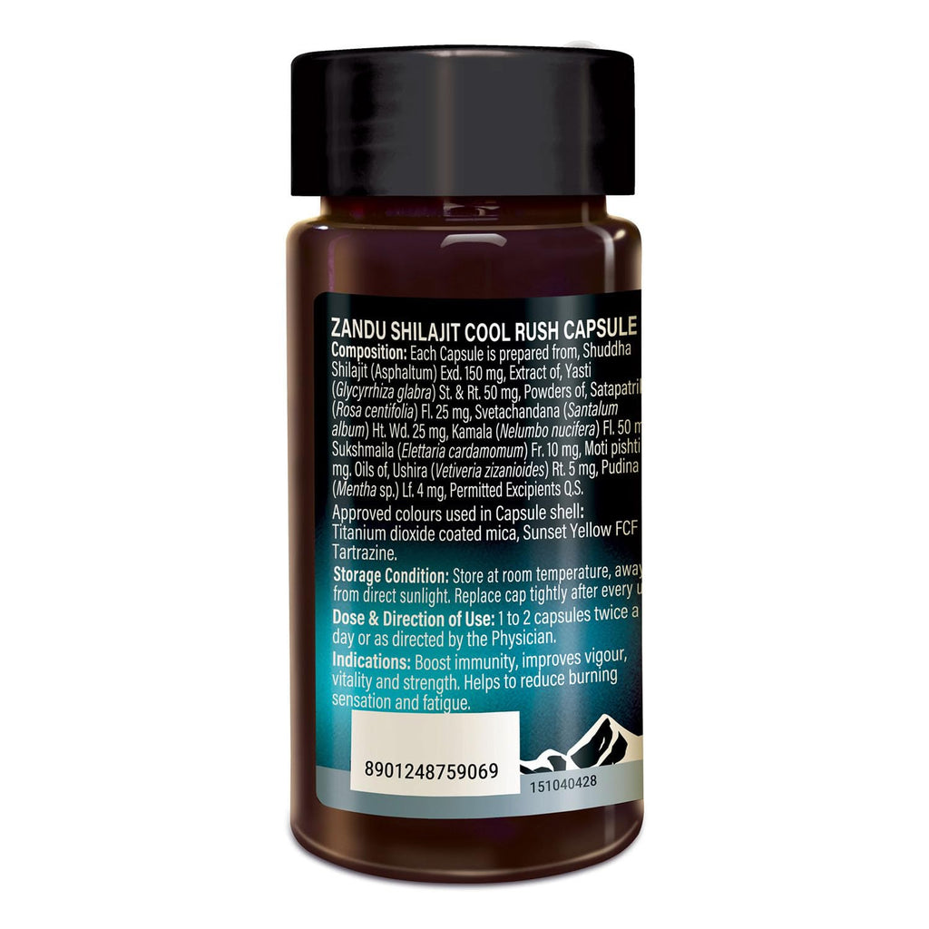 Zandu Shilajit Cool Rush Caps 60N: The 1st Ever Himalayan Shilajit with heat balancing ingredients | All Season Energy | Boost Strength & Stamina | Rich in fulvic acid