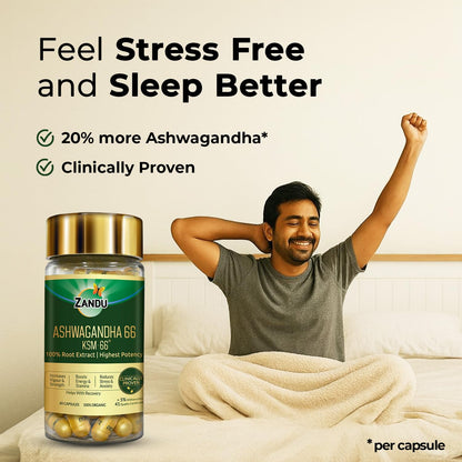 Zandu Ashwagandha KSM-66 (600 mg high dose formula) Tablets | Clinically Proven for 72% Decrease in stress and anxiety levels I Boosts Energy & Strength | 60 tablets I 100% Pure Root Extract