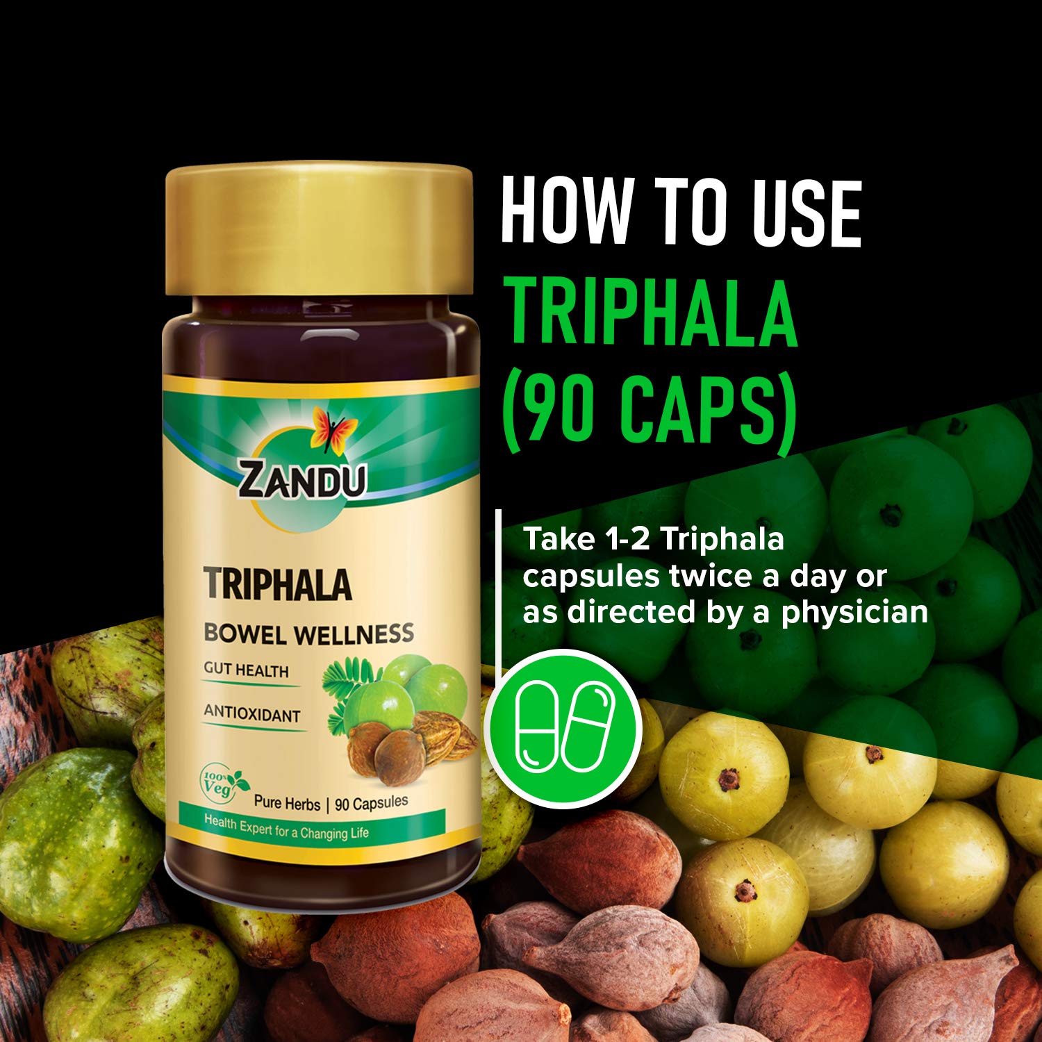 Zandu Triphala Capsules, Supports Bowel Wellness & Healthy Gut, Helps to Boost Immunity & Useful for Digestion, Antioxidant Properties - 90 Veg Capsules