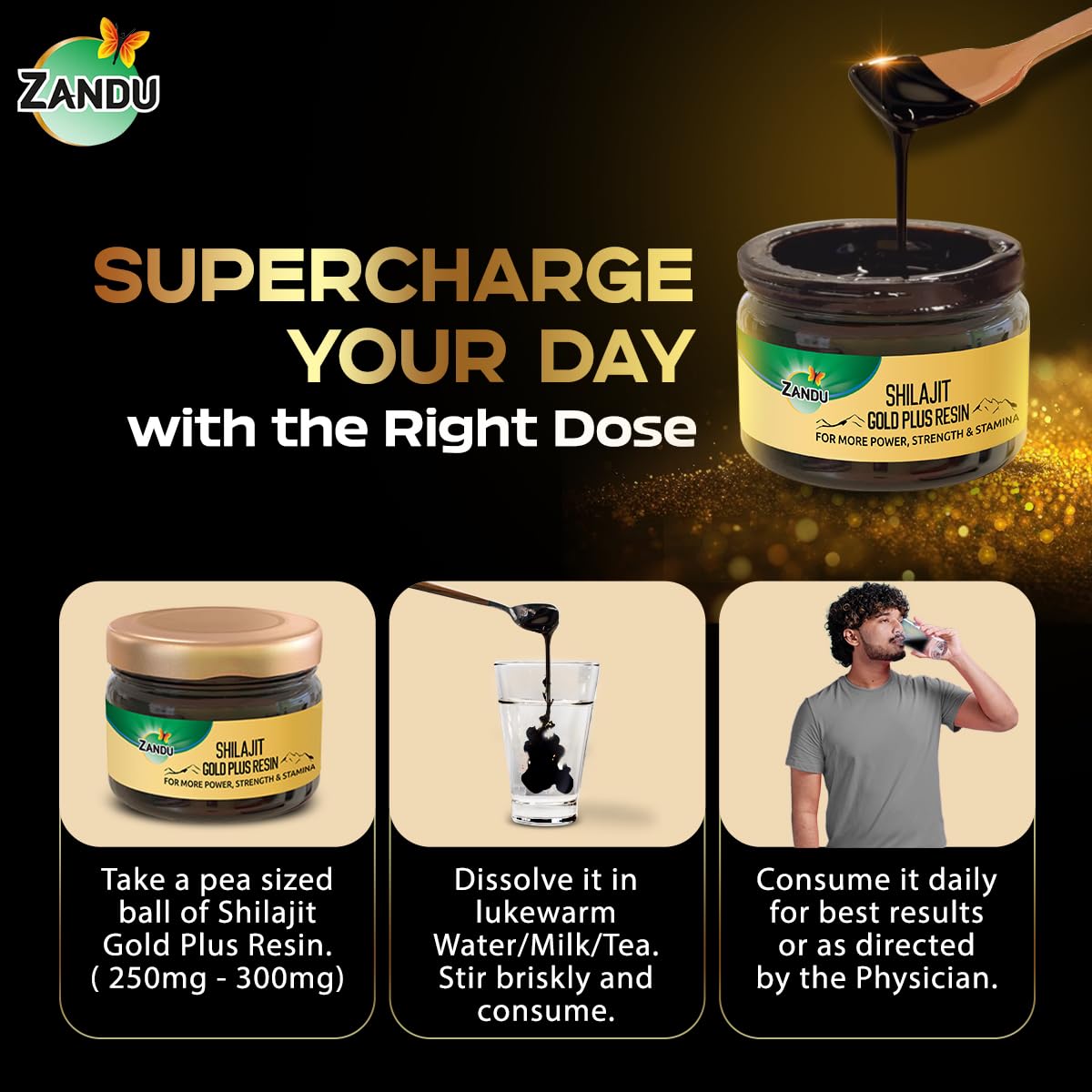 Zandu Shilajit/Shilajeet Gold Plus Resin | Boosts Stamina, Strength & Energy I Promotes muscle growth & recovery | 20g I 100% Pure Himalayan Shilajit with 24K Gold Bhasma