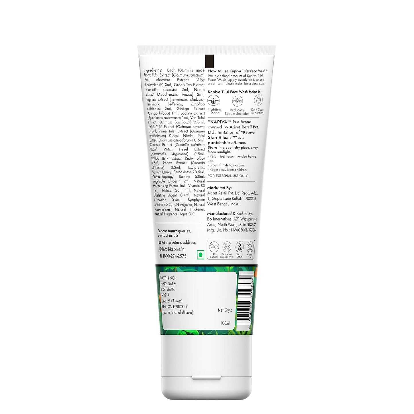 Kapiva Acne Control Tulsi Face Wash | Reduces Active Acne & Scars | For All Skin Types | 0% Parabens, Sulfates, Silicones