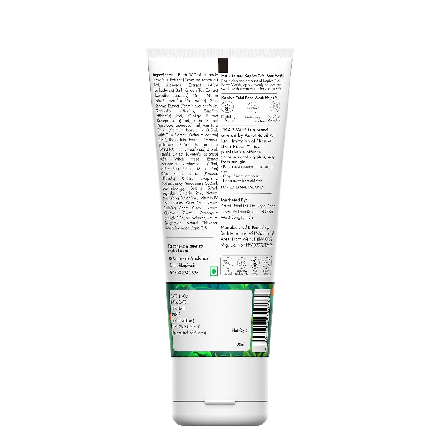 Kapiva Acne Control Tulsi Face Wash | Reduces Active Acne & Scars | For All Skin Types | 0% Parabens, Sulfates, Silicones
