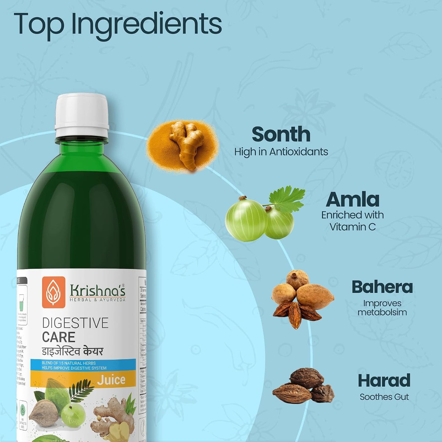 KRISHNA'S HERBAL & AYURVEDA Digestive Care Juice - 1000 ml | Goodness Of Amla, Ginger, Chitrak, Anaardana, Baheda For To Help In Digestion And Metabolism, Pack of 1