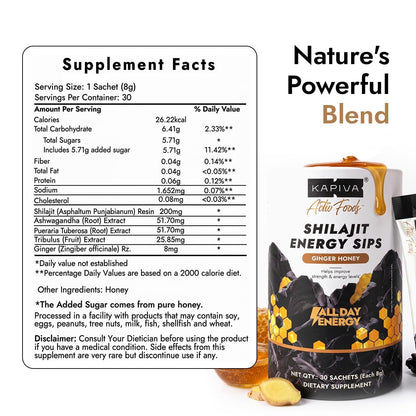 Kapiva Shilajit Energy Sips | With 100% Pure Shilajit/Shilajeet | 250mg Shilajit/Stick | Boosts Energy & Stamina | 30 Sachets | Ginger Honey Flavour (30 N)