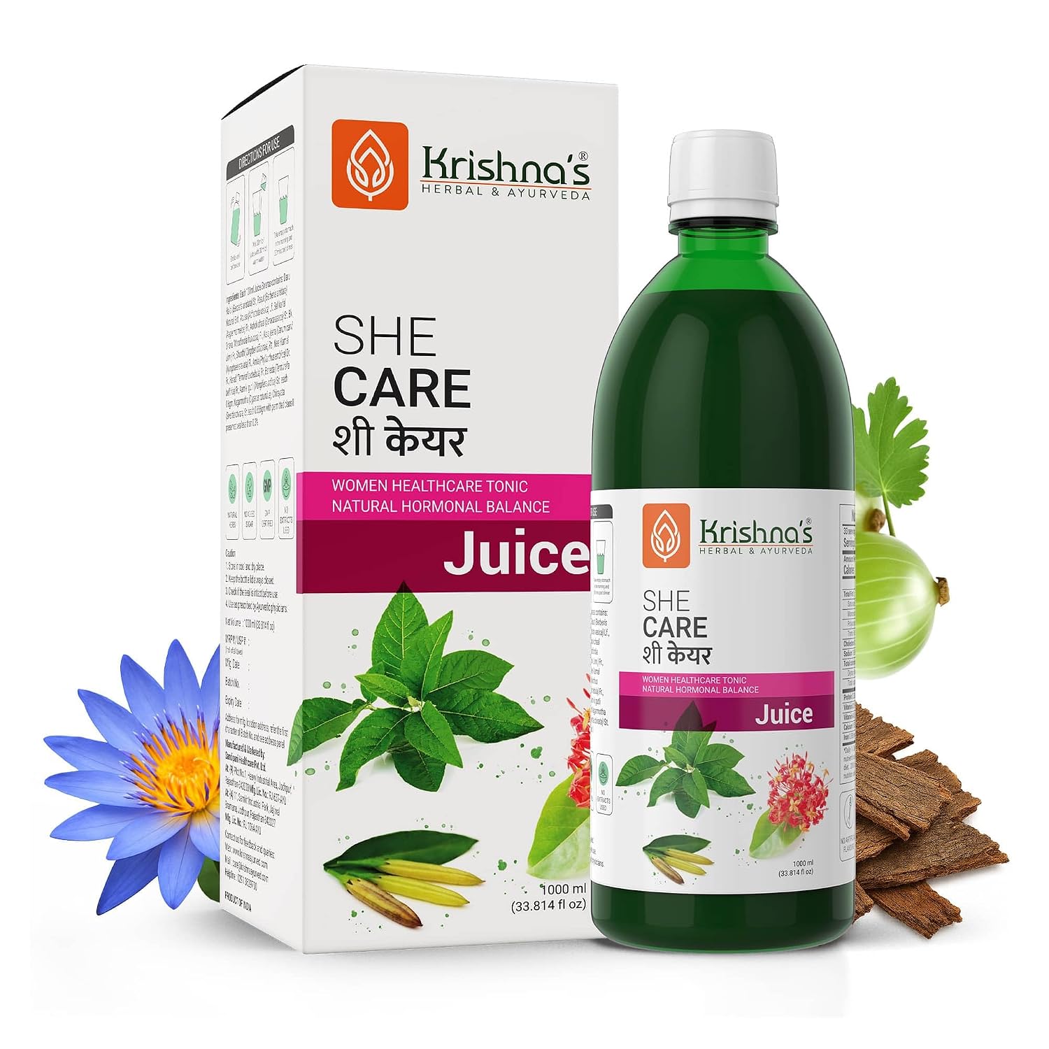 KRISHNA'S HERBAL & AYURVEDA Women's She Care Juice Infused With 5 Herbs for Hormonal Balance, Period Pain Relief, Hair & Skin Health, Clinically Proven - 1000 ml (Pack of 1)