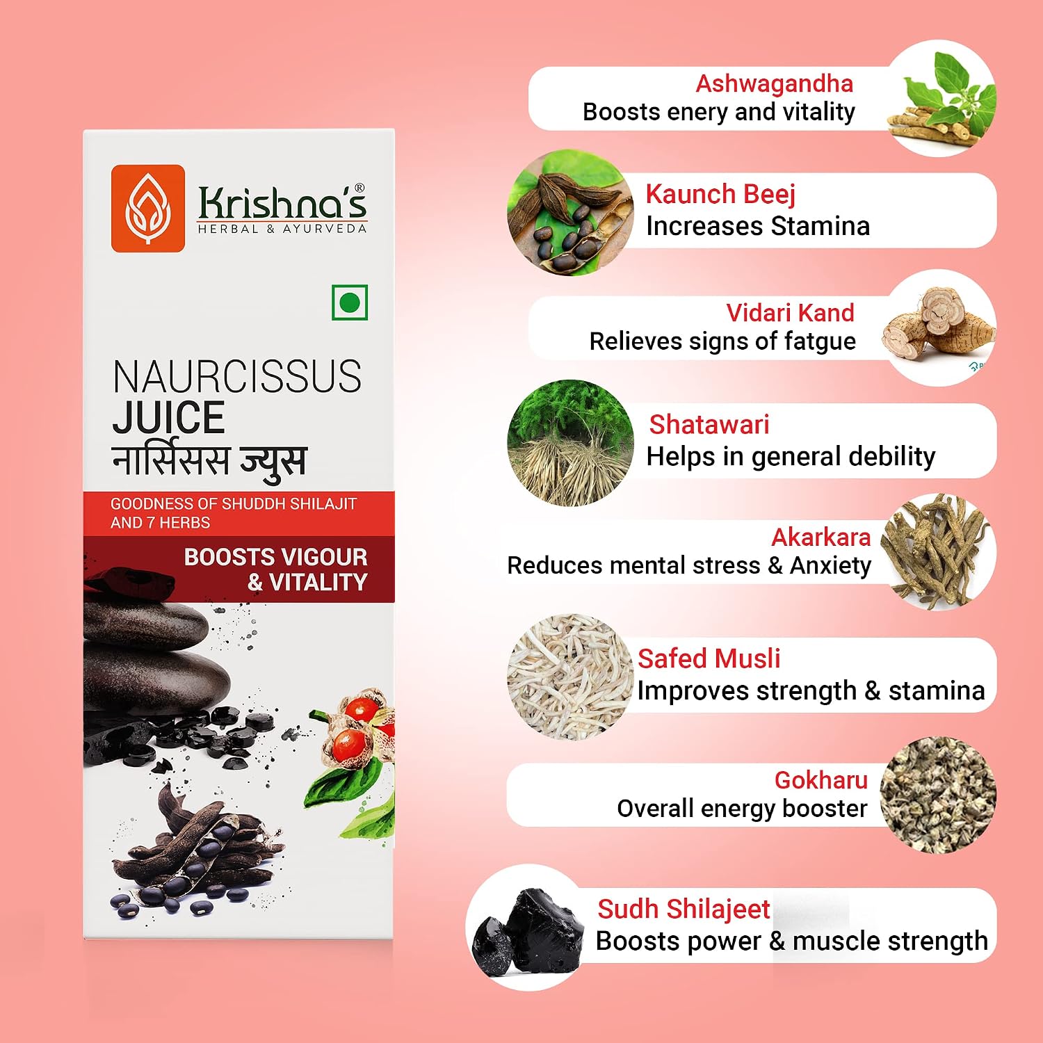 KRISHNA'S HERBAL & AYURVEDA Krishna'S Naurcissus Juice-1000 Ml Ayurvedic Ingredients Ashwagandha,Kaunch Beej,Vidari Kand,Shatawari,Akarkara,Safed Musli,Gokhru Etc Helps In Boosting Stamina