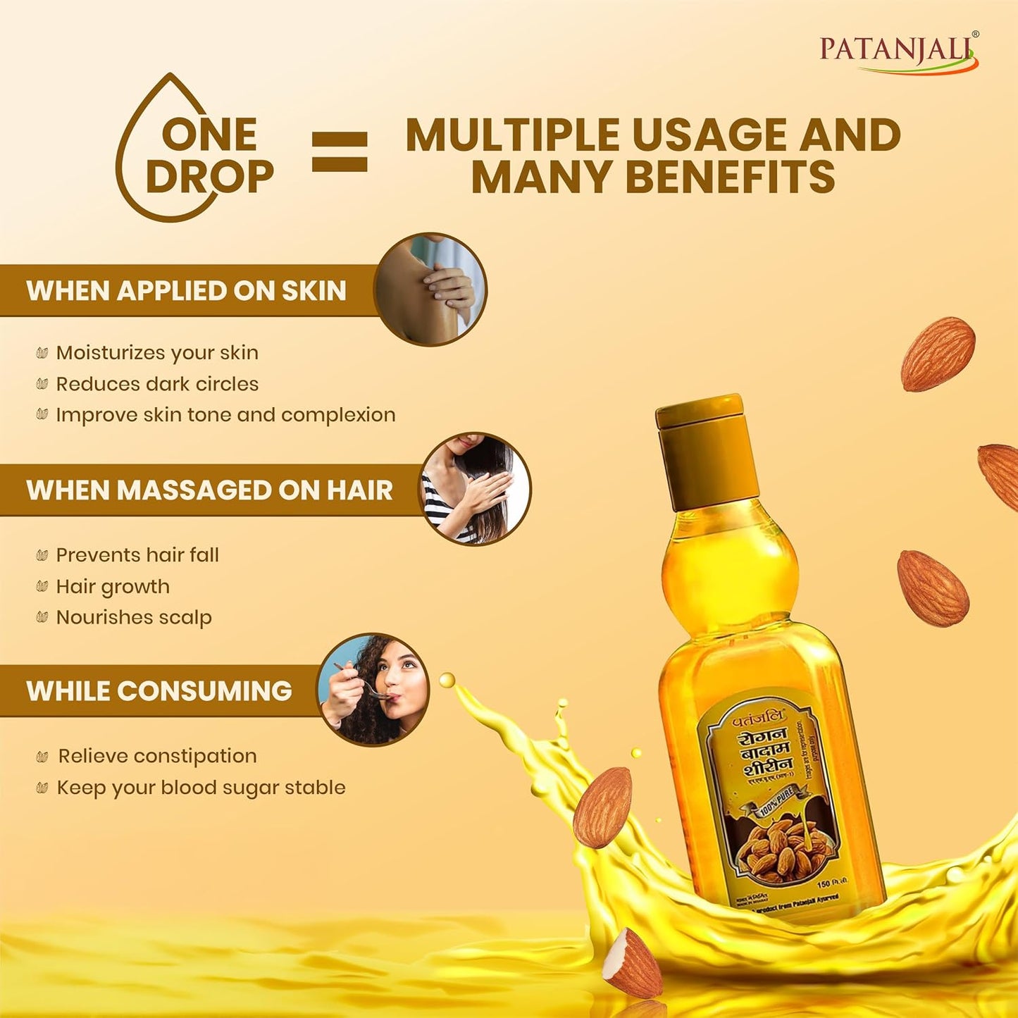 Patanjali Rogan Badam Oil 150ml, Pure Almond Oil for Hair & Skin Care
