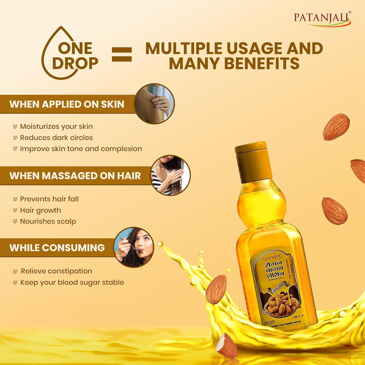 Patanjali Rogan Badam Oil 150ml, Pure Almond Oil for Hair & Skin Care