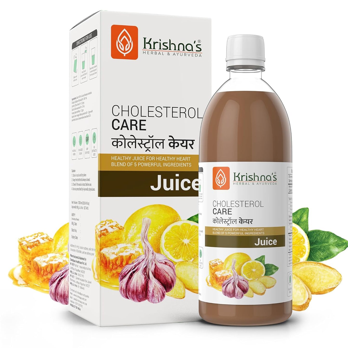 KRISHNA's HERBAL & AYURVEDA Cholesterol Care Juice - 500 Ml | Contains Honey With Apple Cider Ginger Garlic, Sugar Free, Health Drink