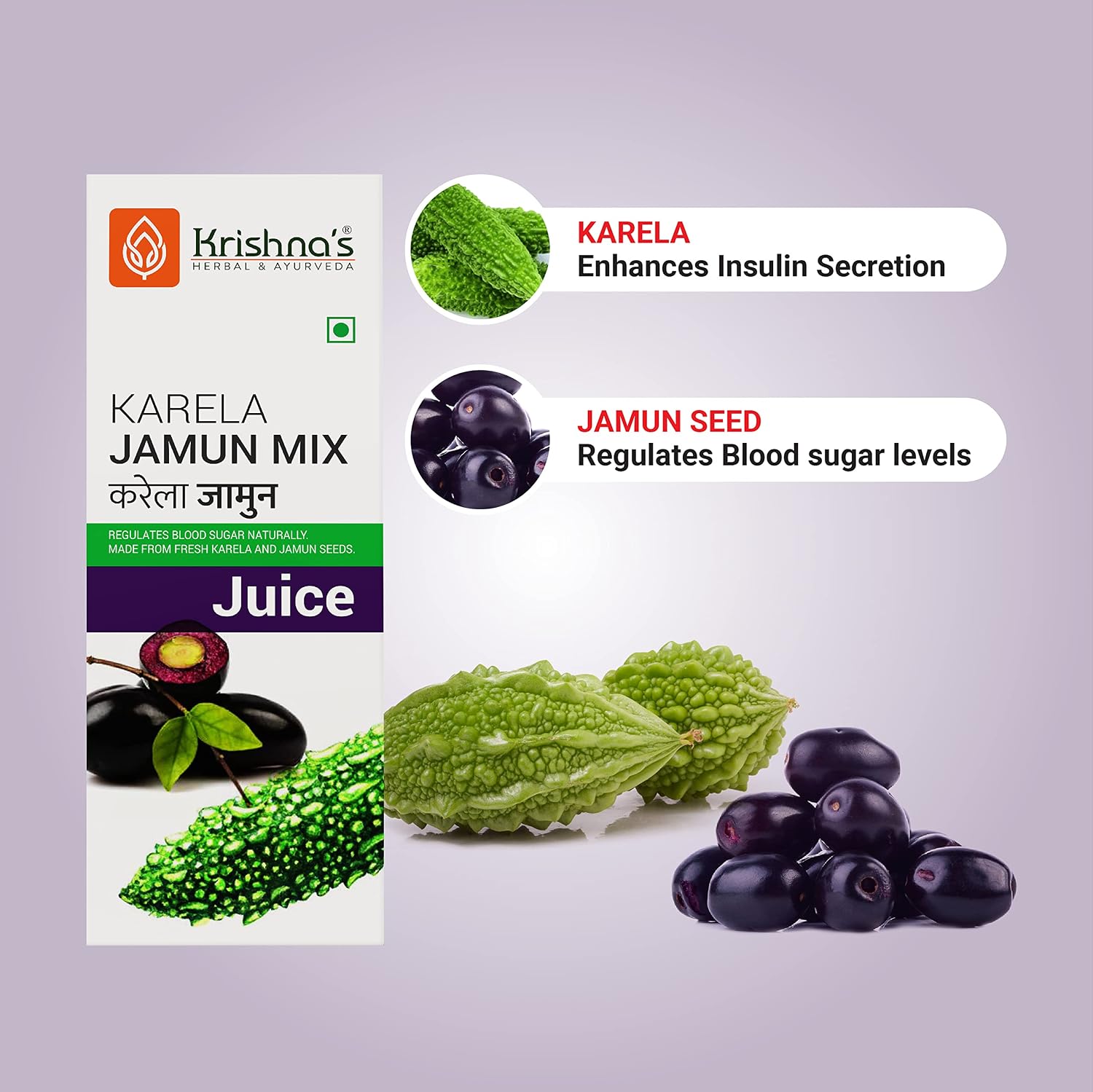 Krishna's Karela Jamun Mix Juice - 1000 ml | Fresh Karela & Jamun Seed | Ayurevedic Formulation to maintain Sugar Level | Enriched with Vitamin C - Vitamin A| Sugar free Juice with No Added Color or Flavour