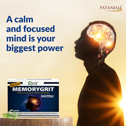 Patanjali Divya Memorygrit 20 Tablets Ayurvedic Supplement for Memory Focus and Brain Health Support (Pack of 1)